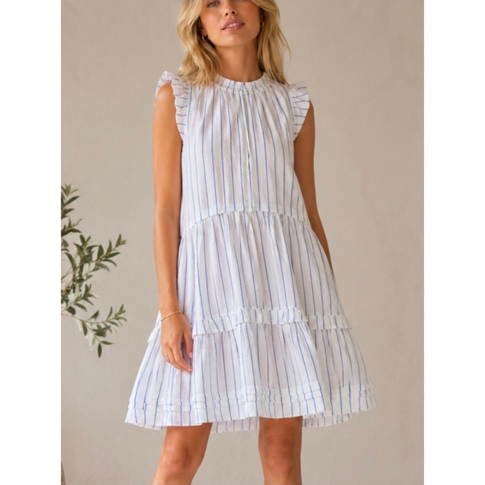 ME+EM Blue White Striped Ruffle Tiered Sleeveless Mini Dress SS22WD261 Size 4